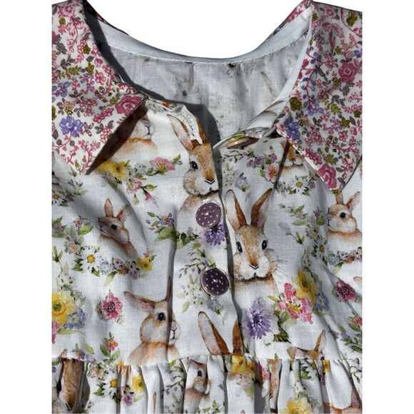 Girl's Easter Dress, Rabbit Design, Pockets, Purple Buttons, Spring, Handmade, S - Picture 2 of 6
